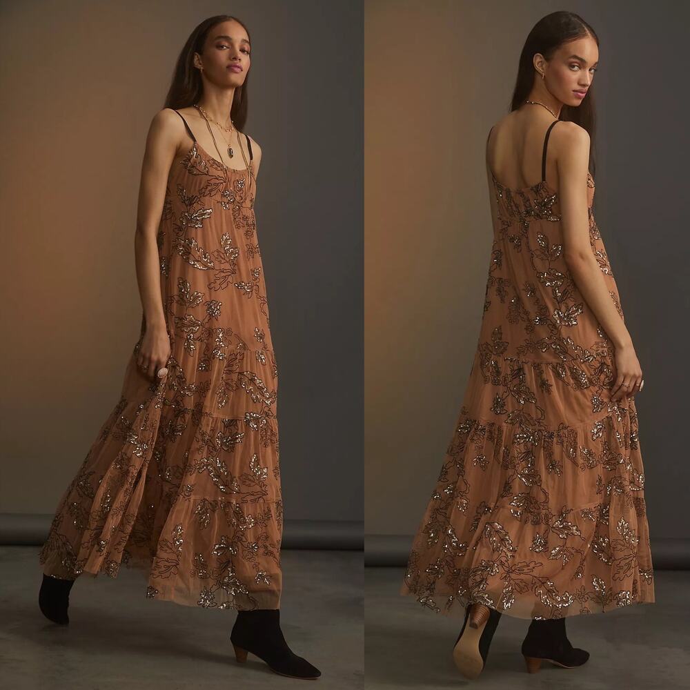 Anthro Tan Tulle with Gold Floral Sequins Maxi Dress Women's Size XS EUC